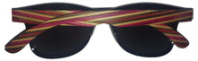 Load image into Gallery viewer, a pair of sunglasses with a red, yellow and brown striped strap
