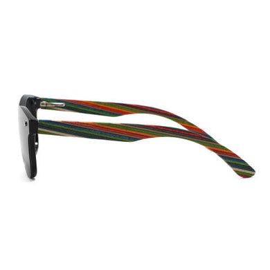 a pair of sunglasses with a multi colored stripe