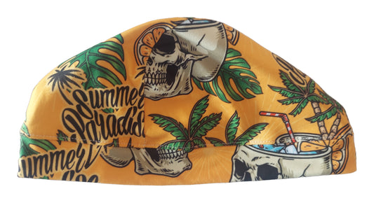 a yellow hat with a skull and a drink on it