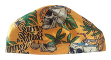 Load image into Gallery viewer, a yellow hat with a skull and a drink on it
