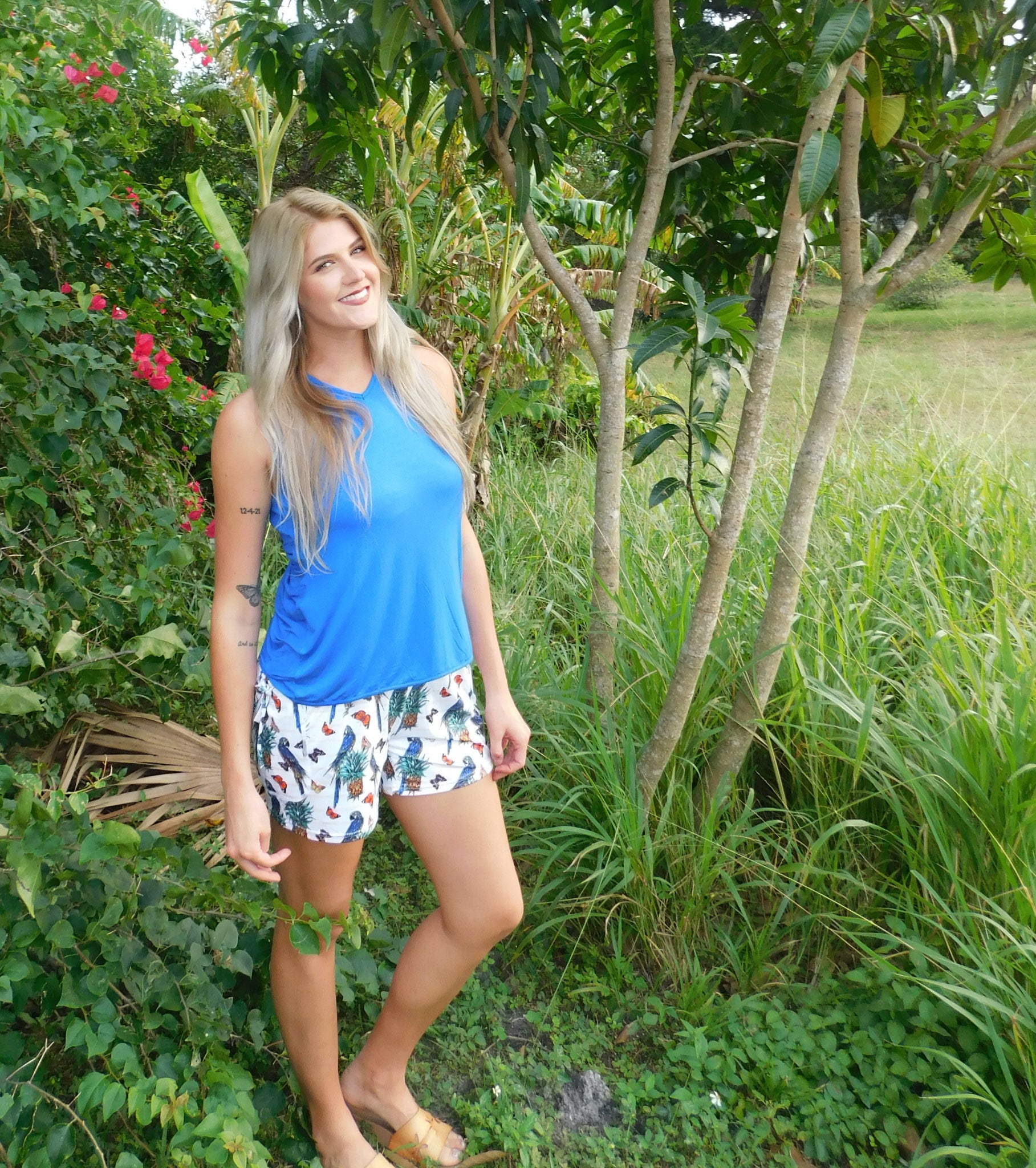 Women's Yoga Shorts: Colorful Tropical Flower, Bold & Beautiful